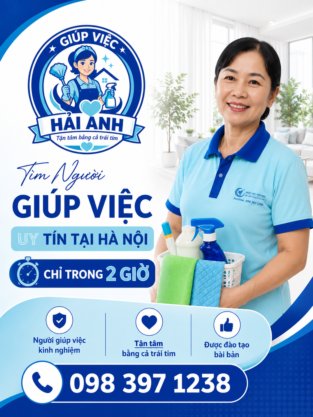 Nhân viên Giúp Việc Hải Anh đồng phục xanh dương, sẵn sàng phục vụ tại Hà Nội